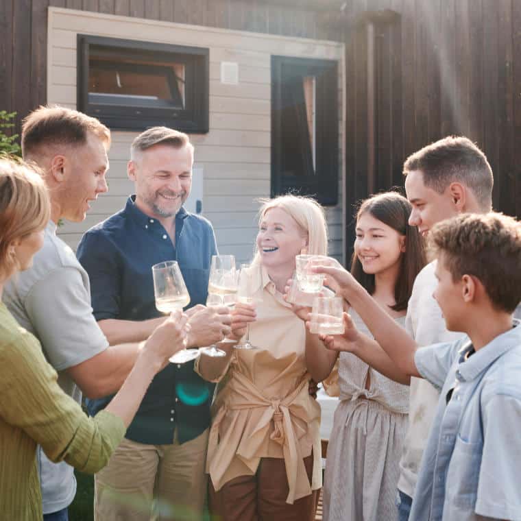 A group of people smiling and cheersing glasses of wine in a backyard.