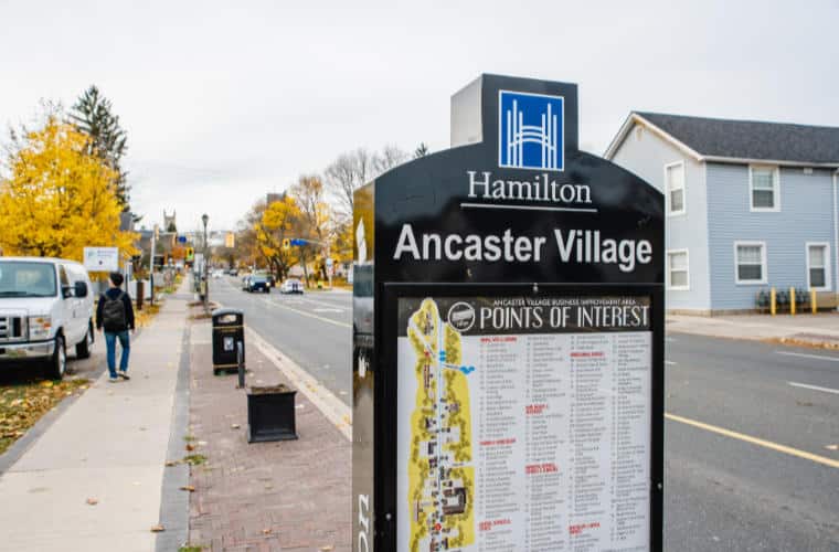 A pylon sign for Ancaster Village with a map and points of interest.